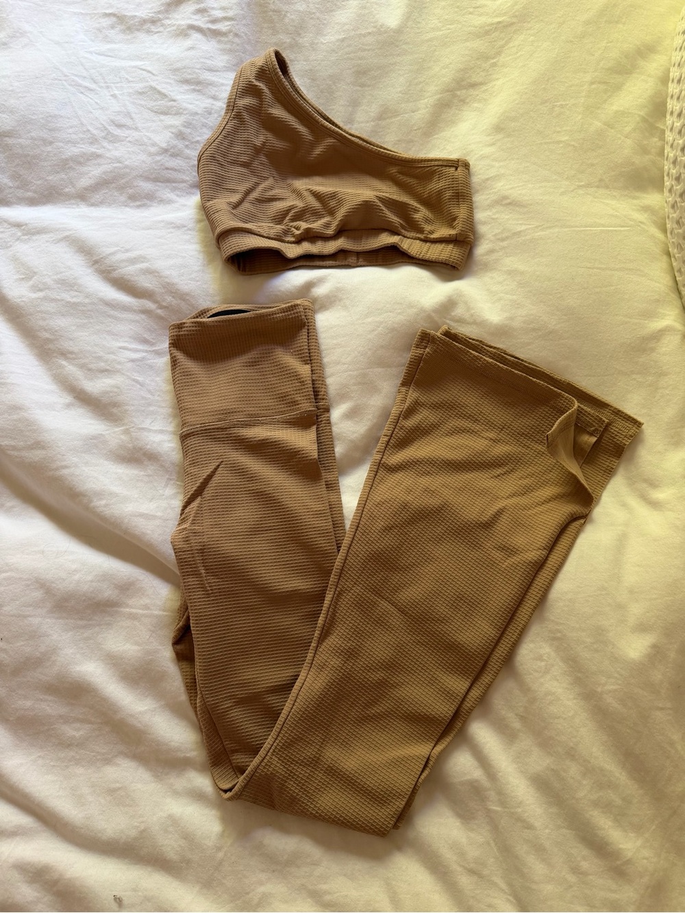 Strut-This waffle knit tan sports bra and flare pant set size M